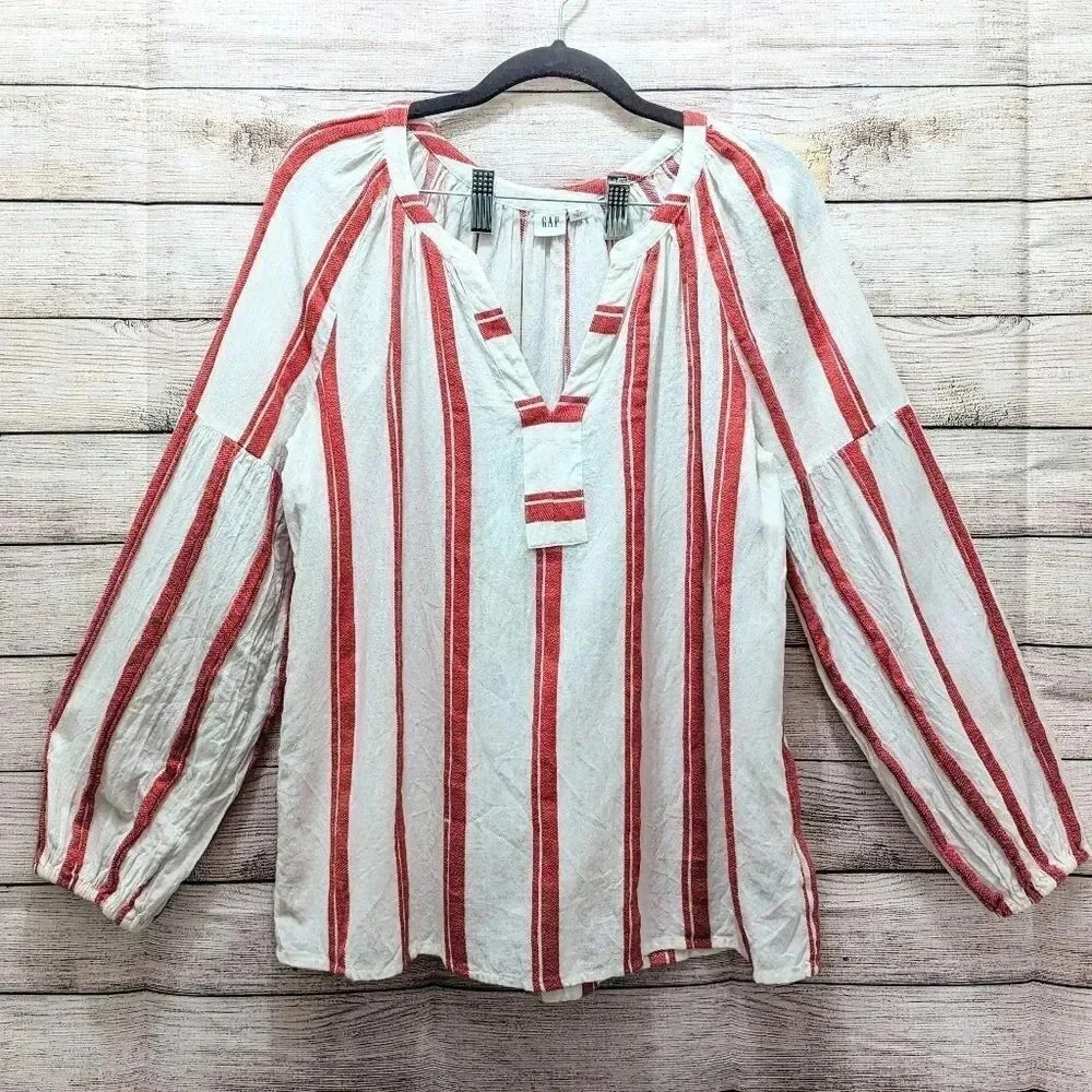 Gap Women's Size M Split Neck Blouse Frame Zen Red Stripe Beige Long Sleeve Top.